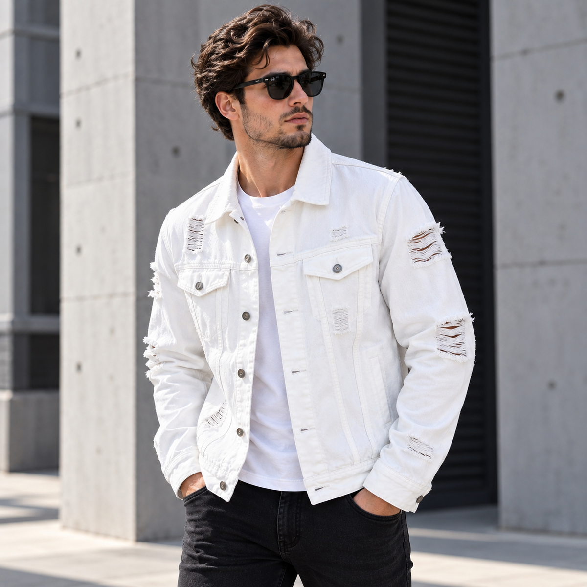 HME Men's Classic White Denim Trucker Jacket