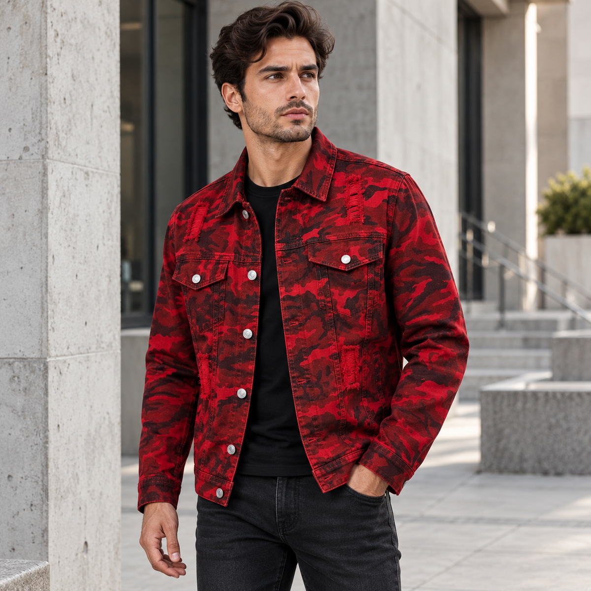 HME Men's Graphic Red Denim Trucker Jacket