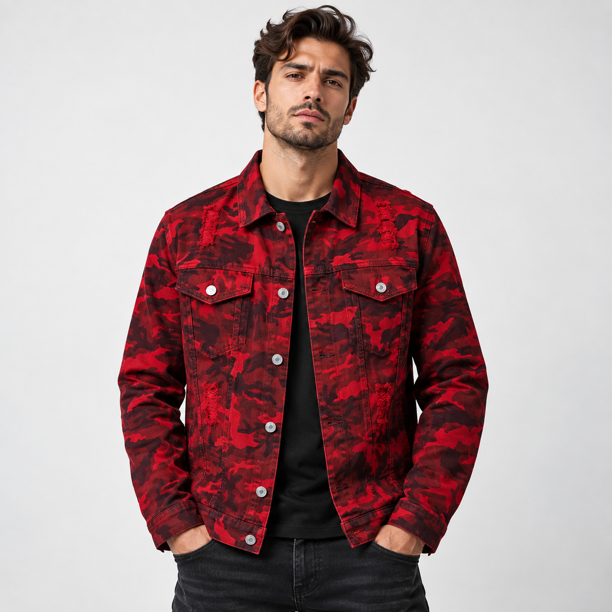 HME Men's Graphic Red Denim Trucker Jacket