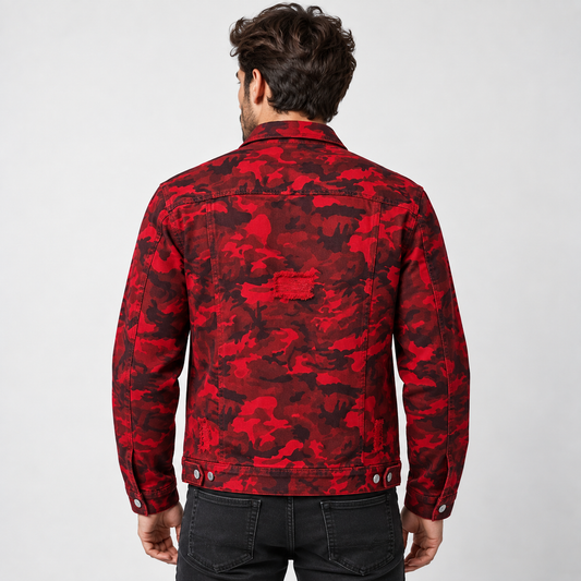 HME Men's Graphic Red Denim Trucker Jacket