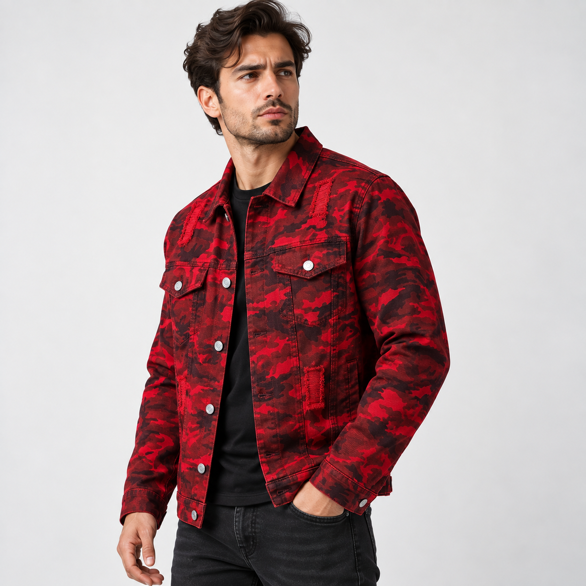 HME Men's Graphic Red Denim Trucker Jacket
