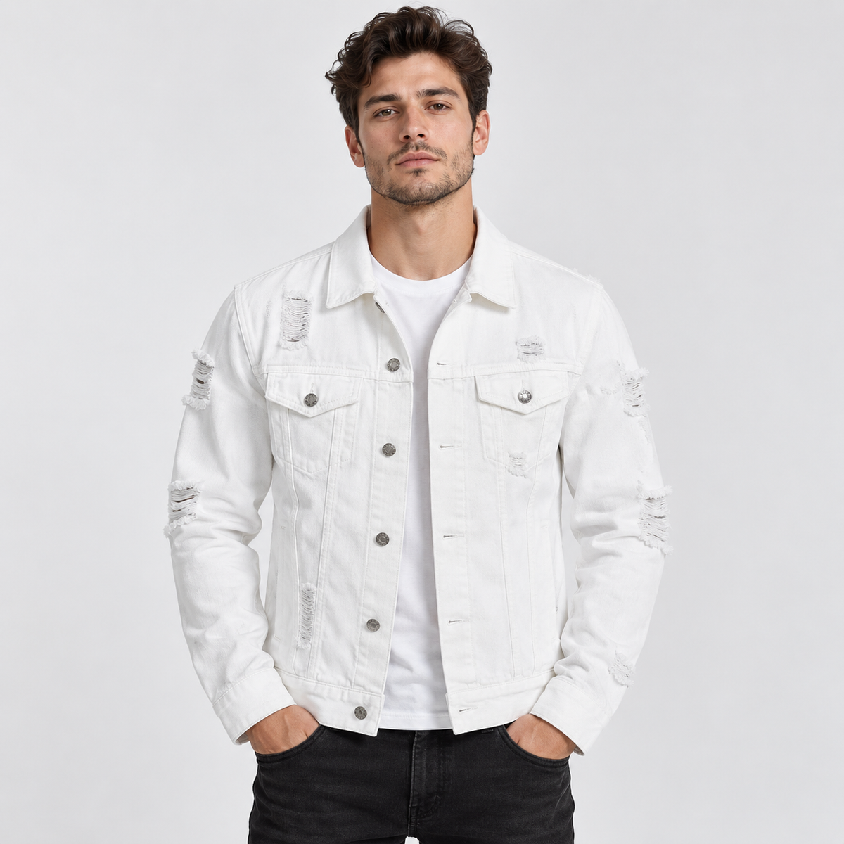 HME Men's Classic White Denim Trucker Jacket