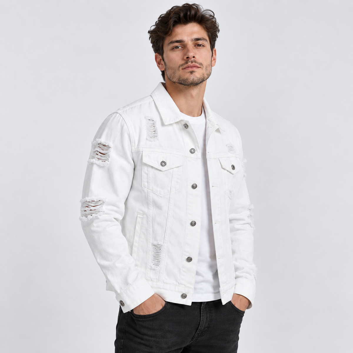 HME Men's Classic White Denim Trucker Jacket
